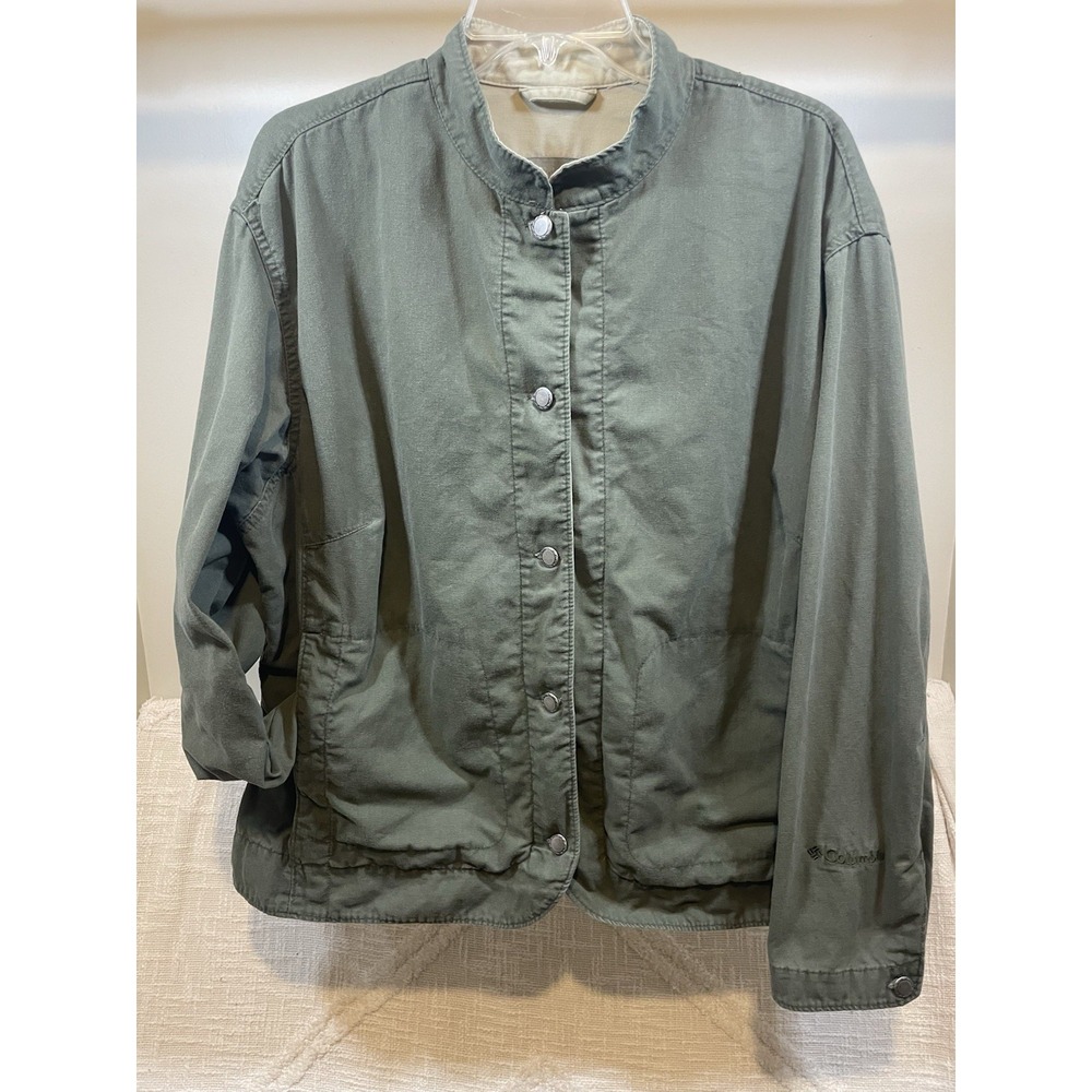 Columbia Utility Olive Army Green Canvas Jacket Button Front Women's Large Cabin